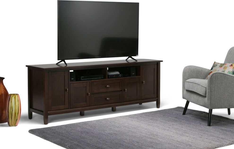 Warm Shaker SOLID WOOD 72" TV Media Stand For TVs up to 80", Dark Tobacco Brown