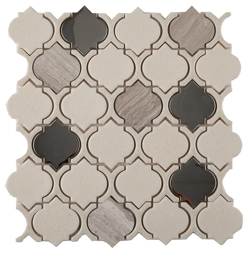 12"x11"Crackled Glass, Stone and Metal Mosaic Tile, Chrome, Arabesque, Sample