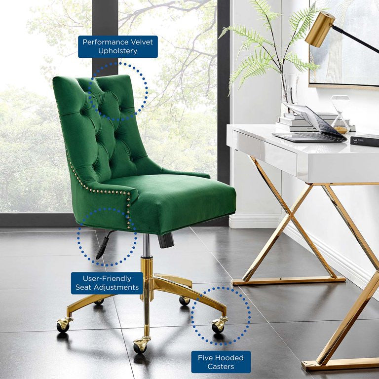 Vintage Office Chair, Golden Base With Velvet Seat & Hourglass Back, Emerald