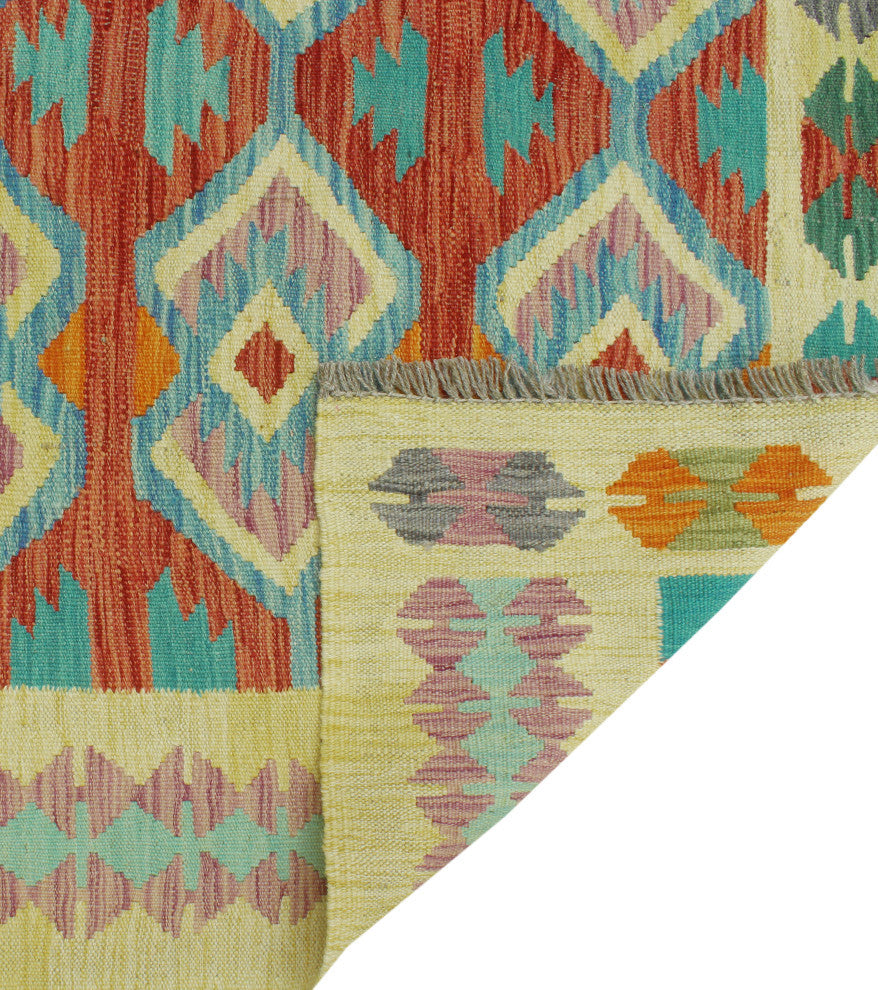 Sangat Flatweave Muiz Red/Gold Rug, 4'2 x 6'3