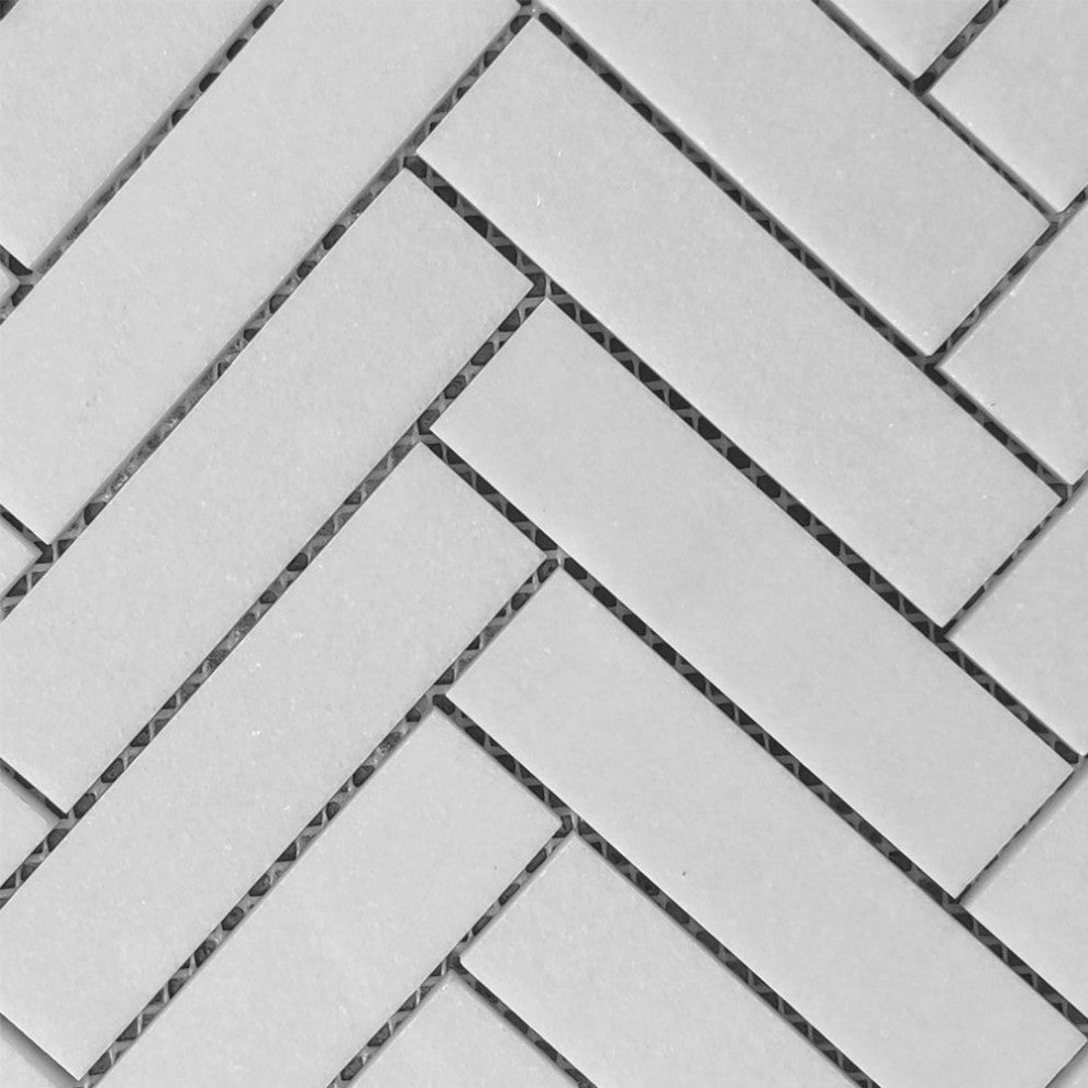 Thassos White Marble 1x4 Herringbone Mosaic Wall Floor Tile Polished, 1 sheet