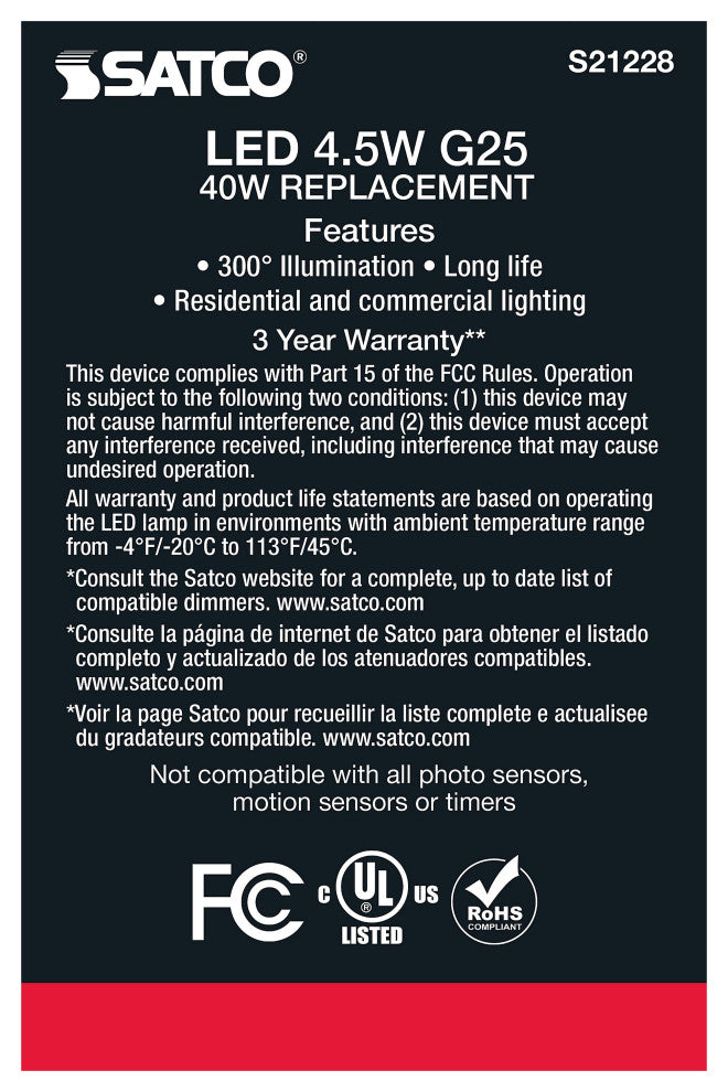 4.5W G25 LED, Clear, Medium Base, 90 CRI, 4000K, 120V