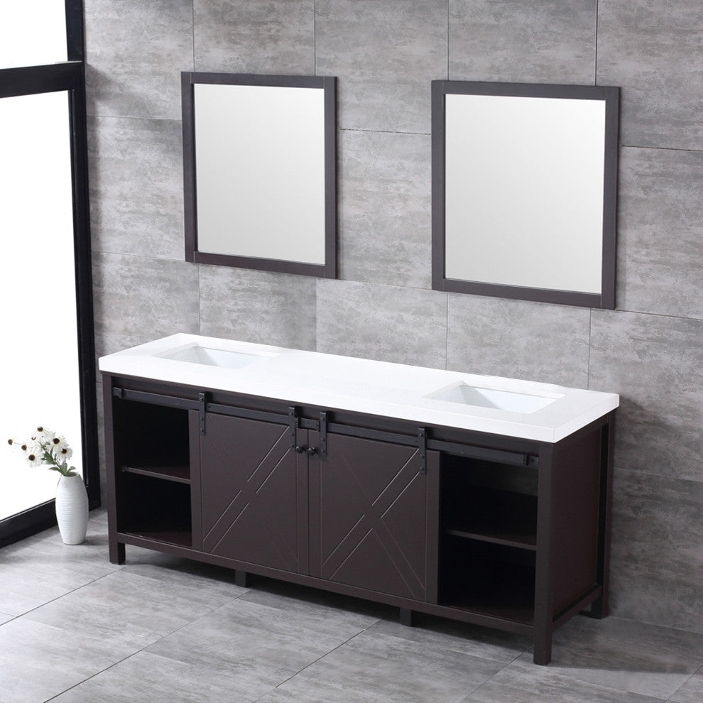 Marsyas 80" Brown Double Vanity Cabinet Quartz Top Sinks, 30" Wall Mirrors