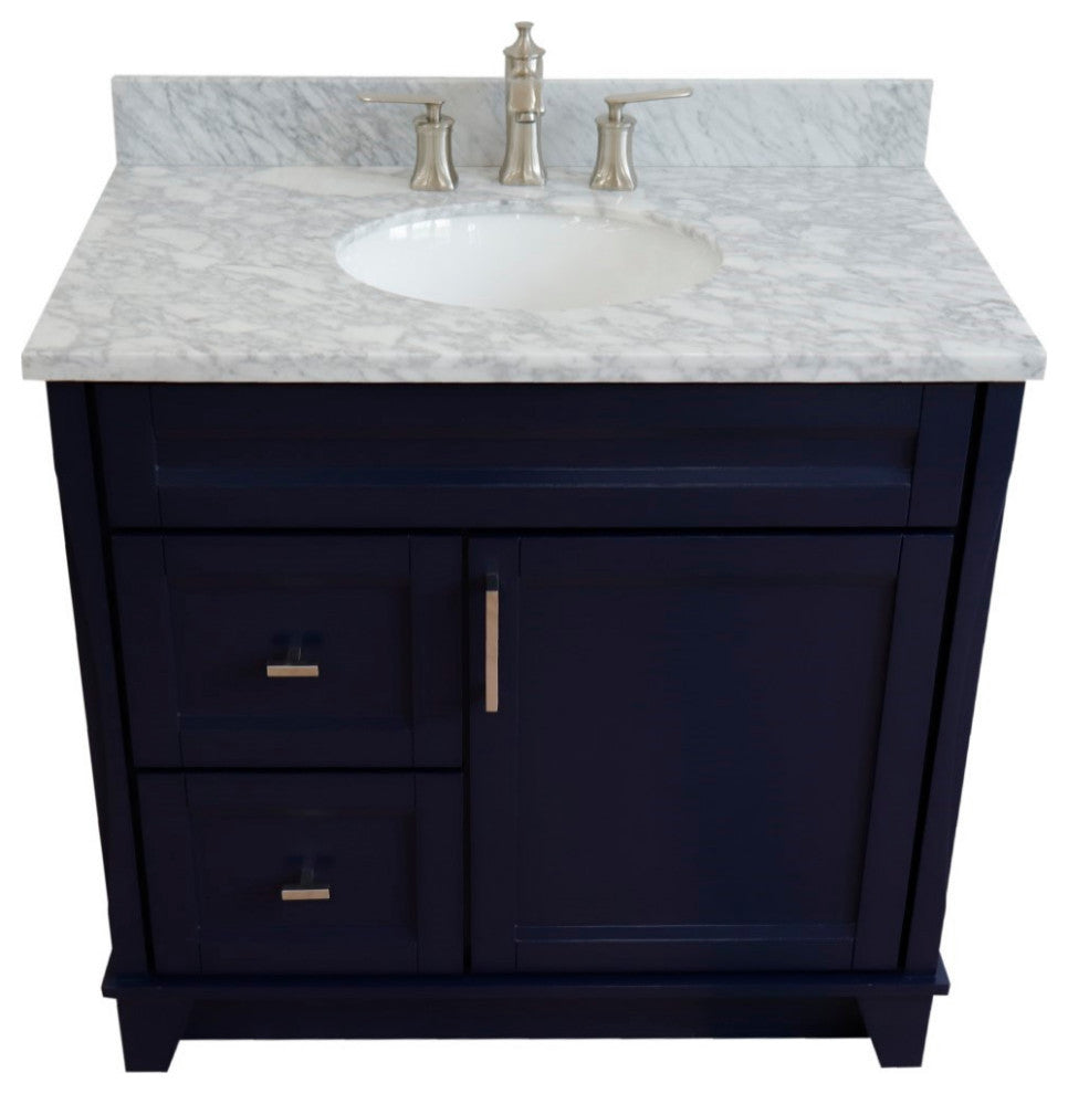 37" Single Sink Vanity, Blue Finish With White Carrara Marble