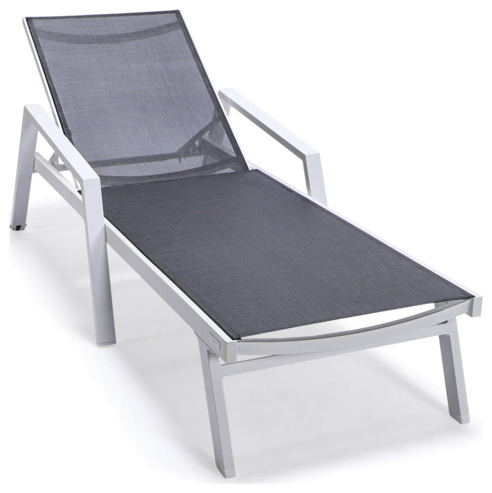 LeisureMod Marlin Chaise Lounge Set With Arms and Fire Pit Table, Black