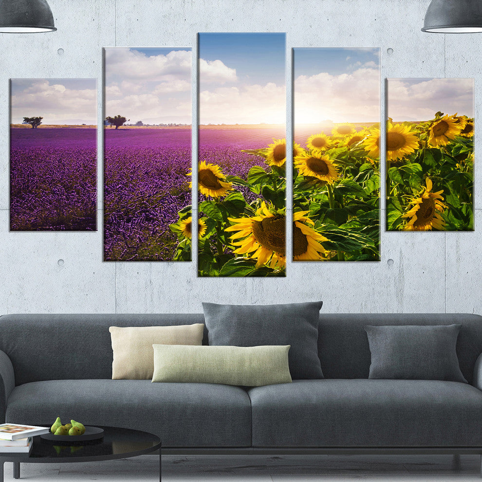 Lavender and Sunflower Fields, Large Floral Canvas Art Print, 60"x32", 5 Panels