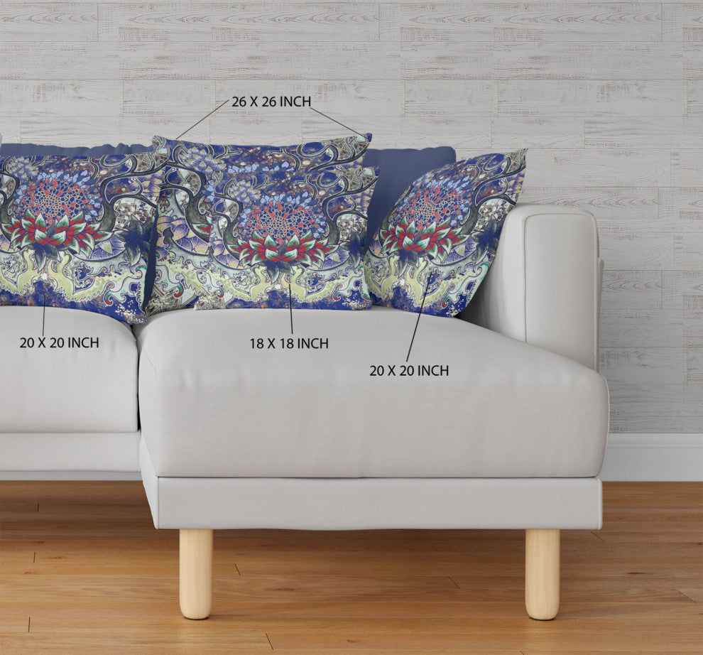 16" Blue Red Flower Bloom Suede Throw Pillow
