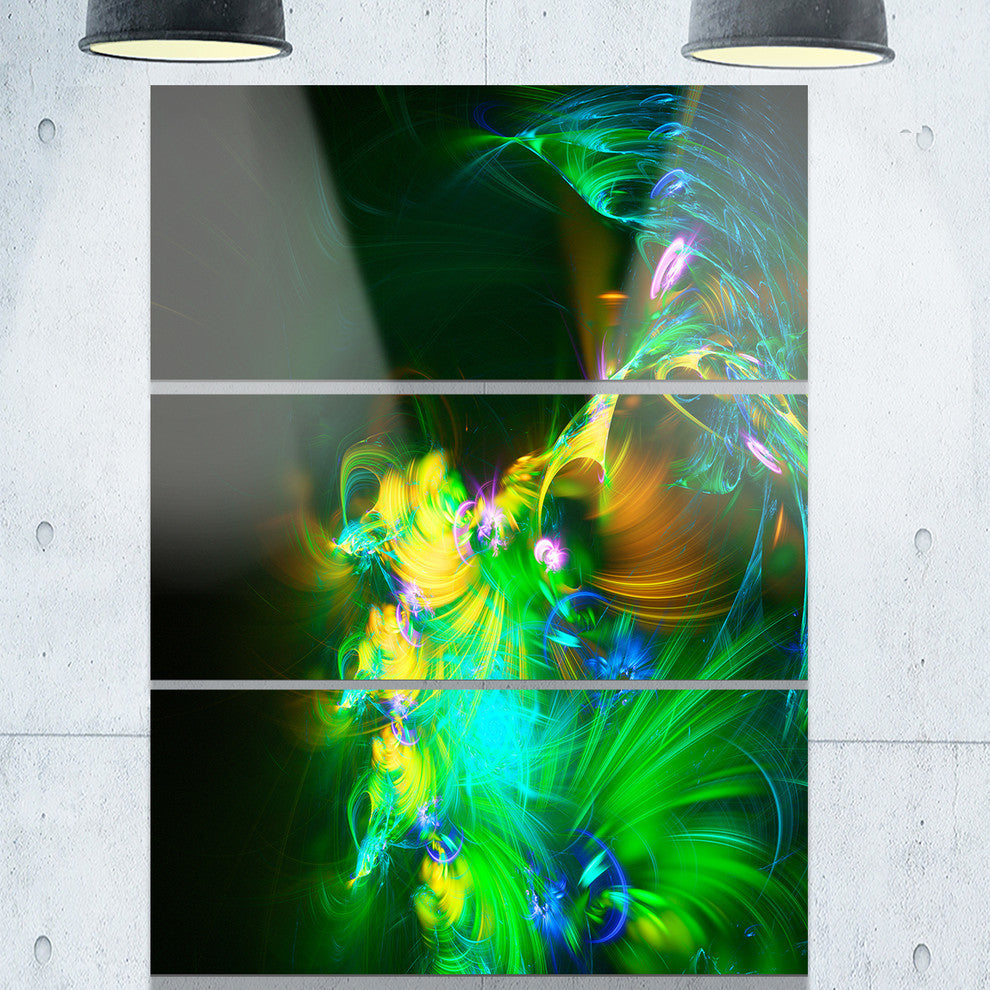 "Bright Green Fractal Flower in Dark" Metal Wall Art, 3 Panels, 28"x36"