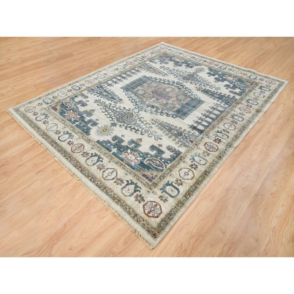 Ivory Hand Knotted Reimagined Persian Viss Design Wool Oriental Rug  7'9"x10'4"