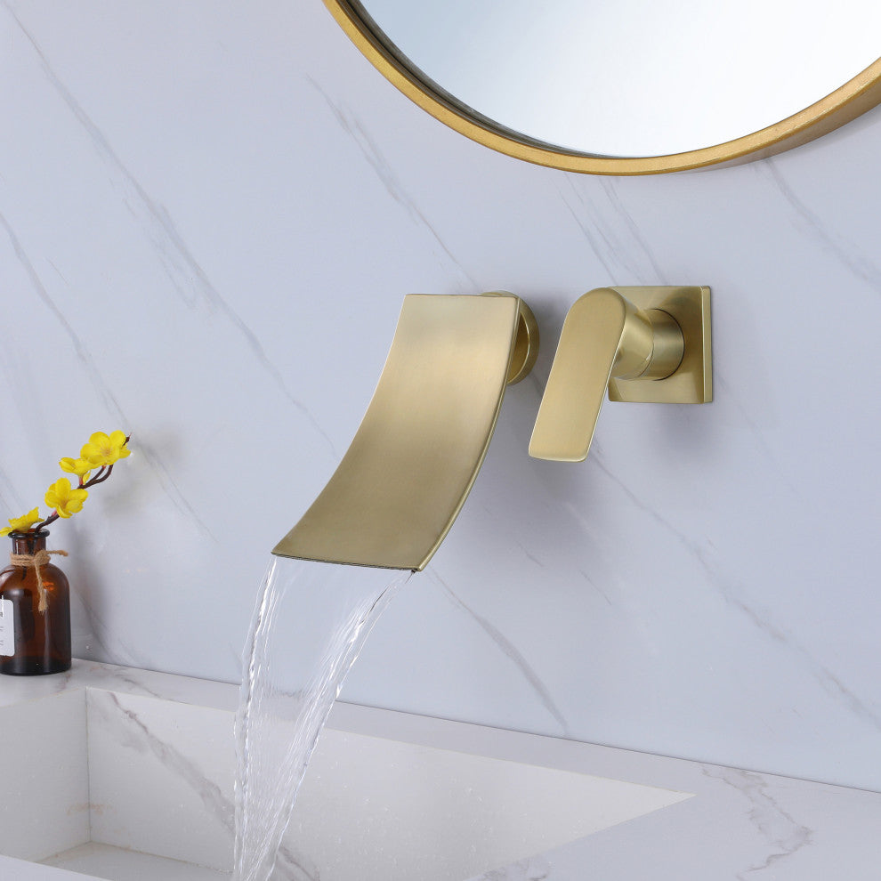 Wall Mounted Single Handle Bathroom Sink Faucet, Brushed Gold