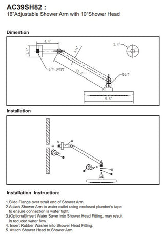 MODONA's 10" Rain Shower Head With 17" ADJUSTABLE Shower Arm, Polished Chrome