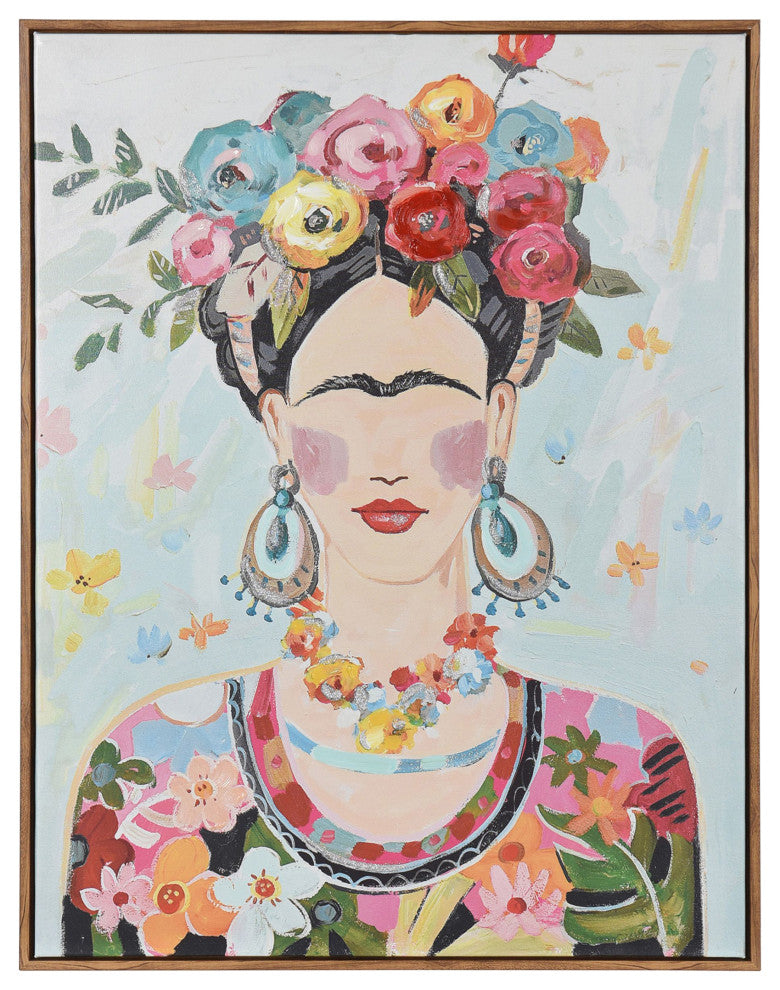Boho Frida Acrylic Hand Painted Lady Portrait Wall Art Natural Wood Frame