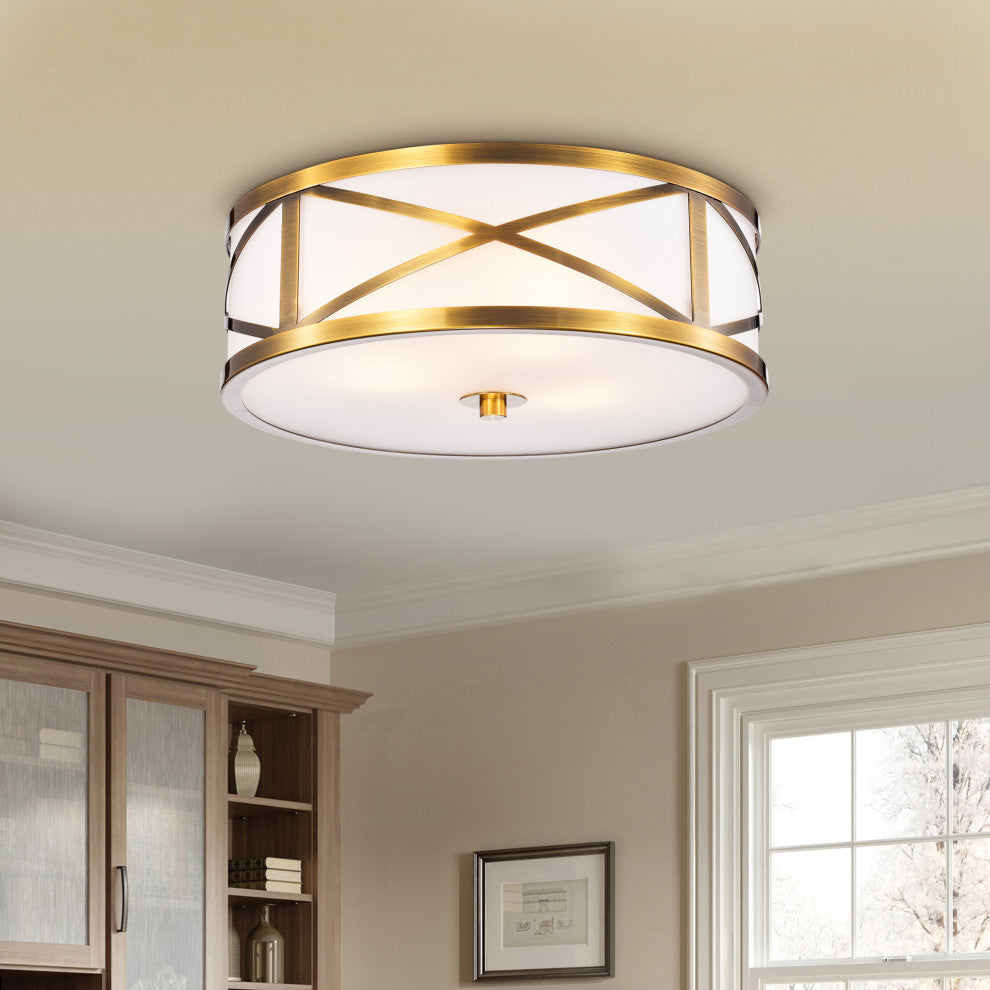 Novia Glass Drum Shade Flush Mount Metallic Goldtone Metal 'X' Frame