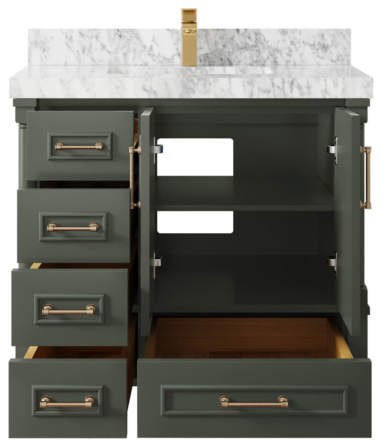 Aberdeen 36 Center Sink Bath Vanity in Pewter Green 2" Carrara Marble