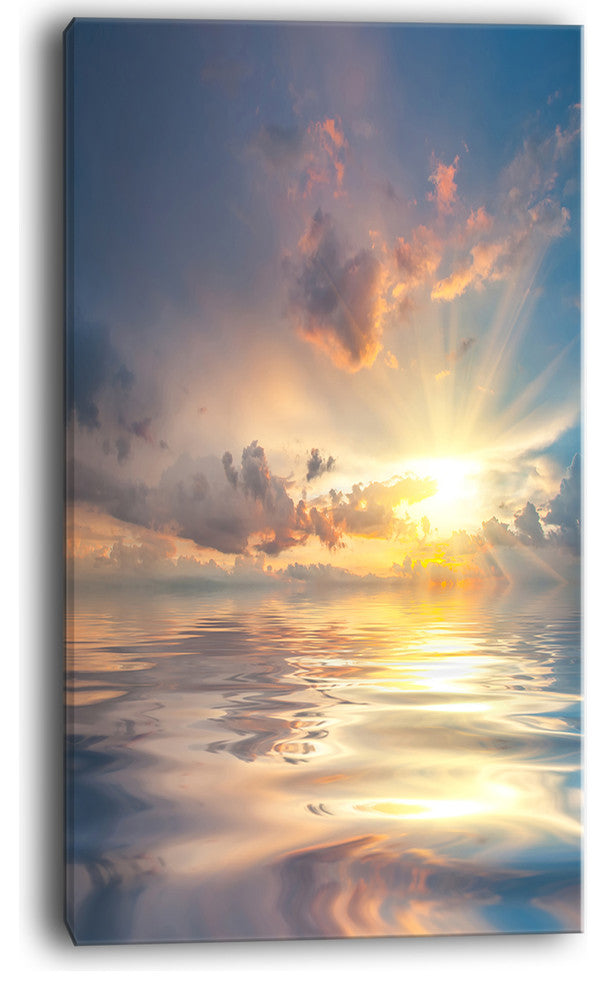 "Sunset Over Sea With Reflection" Modern Landscape Wall Art Canvas, 16"x32"