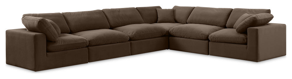 Comfy Upholstered L-Shaped Modular Sectional, Brown, 6-Piece: 3 Armless Chair, 3 Corner Chair, Velvet