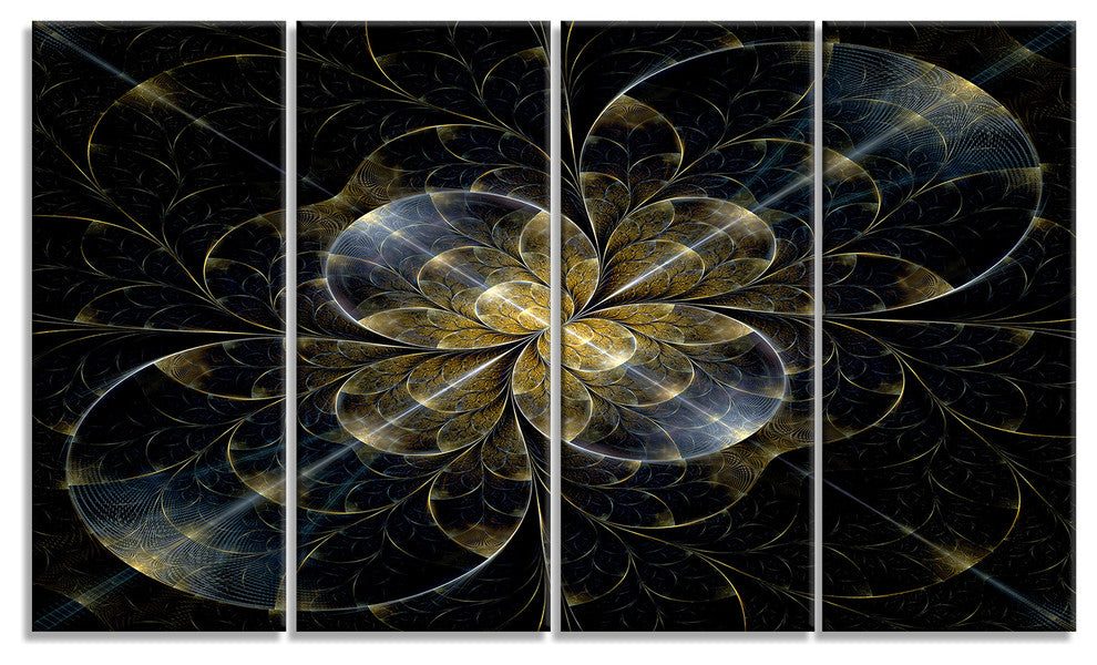 Symmetrical Golden Fractal Flower, Floral Canvas Art Print, 48"x28", 4 Panels