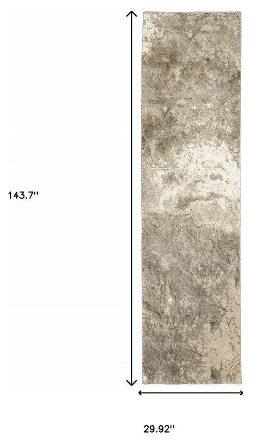 12' Runner Grey Beige and Ivory Abstract Power Loom Runner Rug