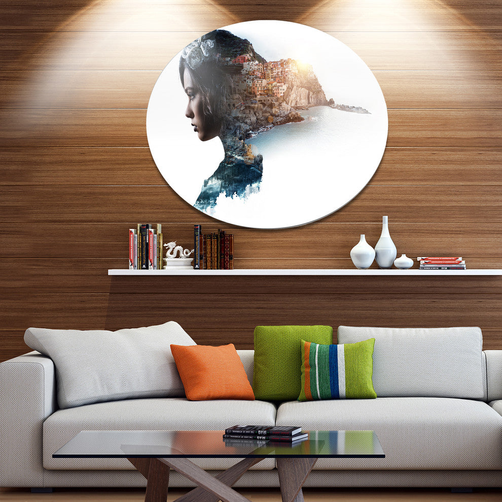 Double Exposure Woman Portrait, Modern Portrait Round Wall Art, 36"