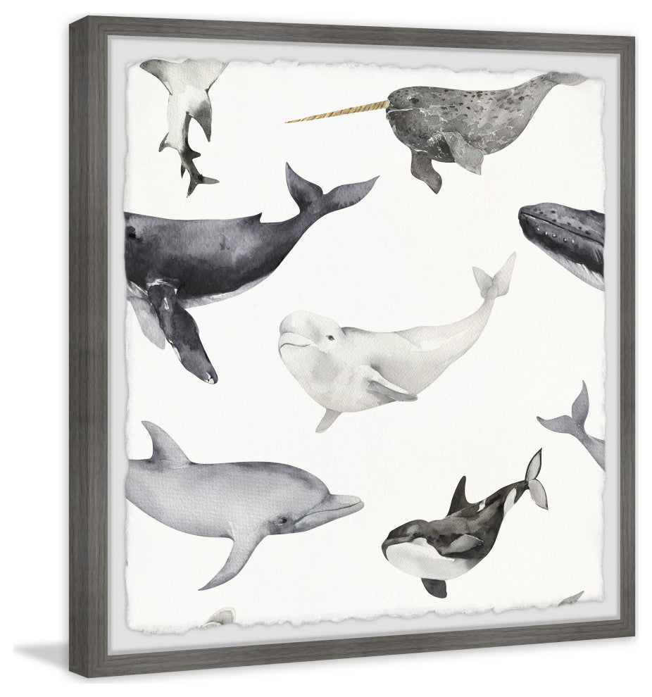 "Dolphins and Whales" Framed Painting Print, 32x32