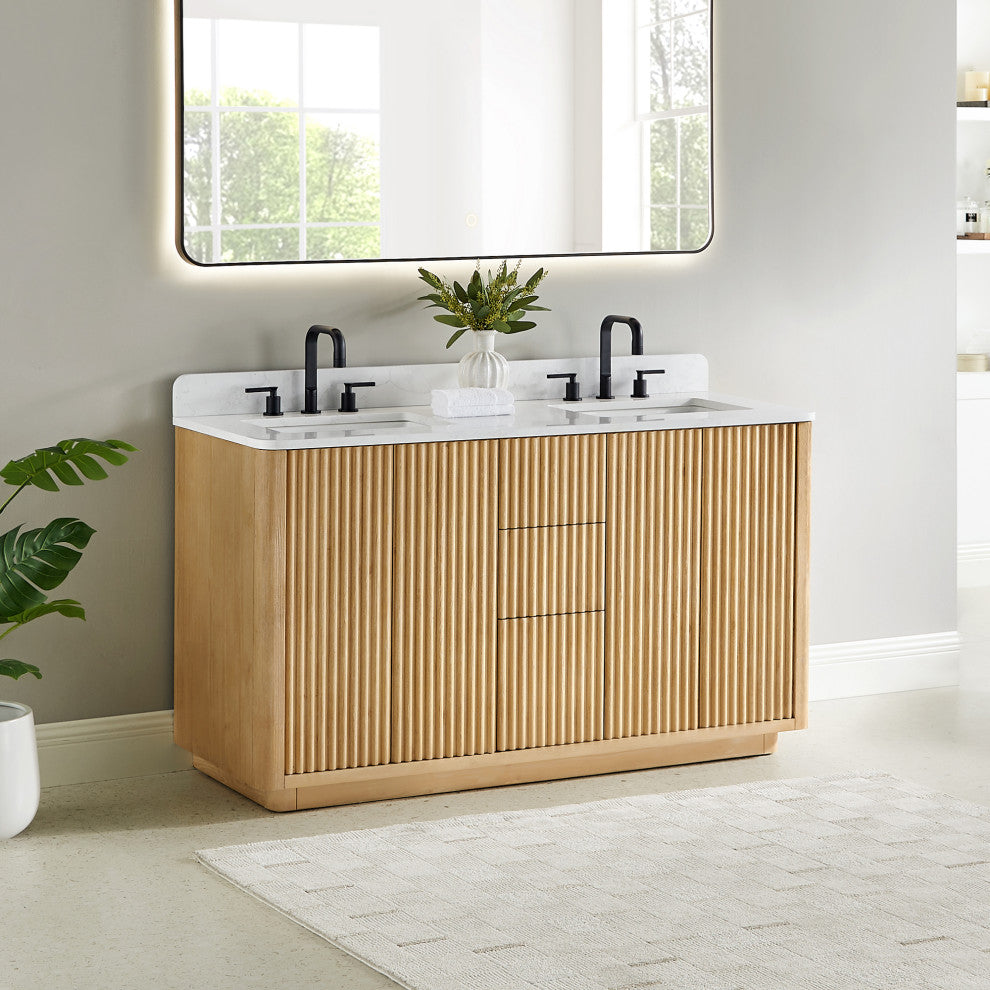 Clayton Bathroom Vanity, Washed Light Brown, 60", No Mirror