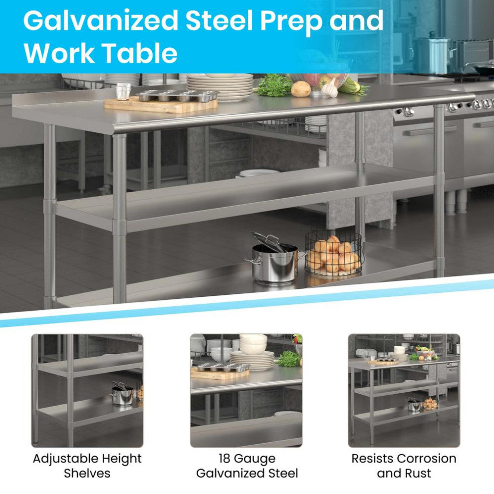 Stainless Steel 18 Gauge Work Table With 1.5" Backsplash and 2 Undershelves, NSF