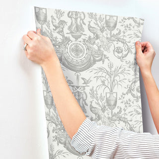 Avian Fountain Toile Gray Wallpaper