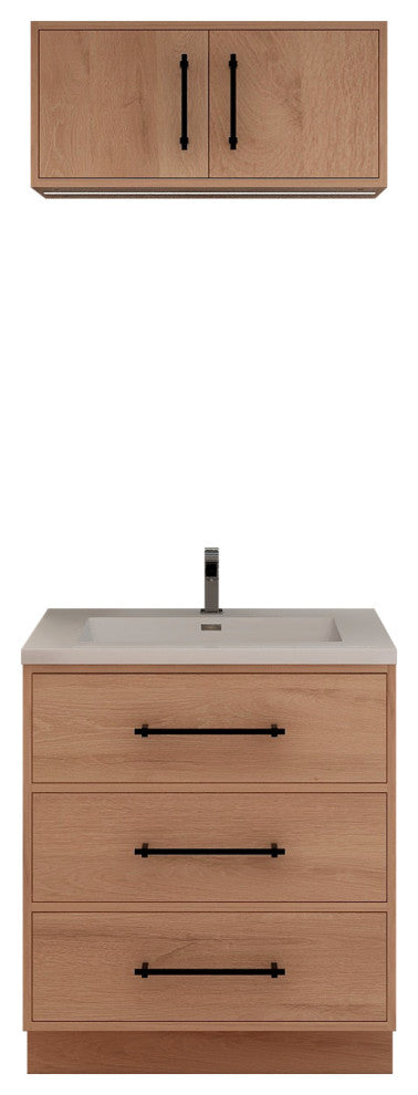 Victoria 30" Solid Wood Bath Vanity, Overhead Cabinet, Red Oak