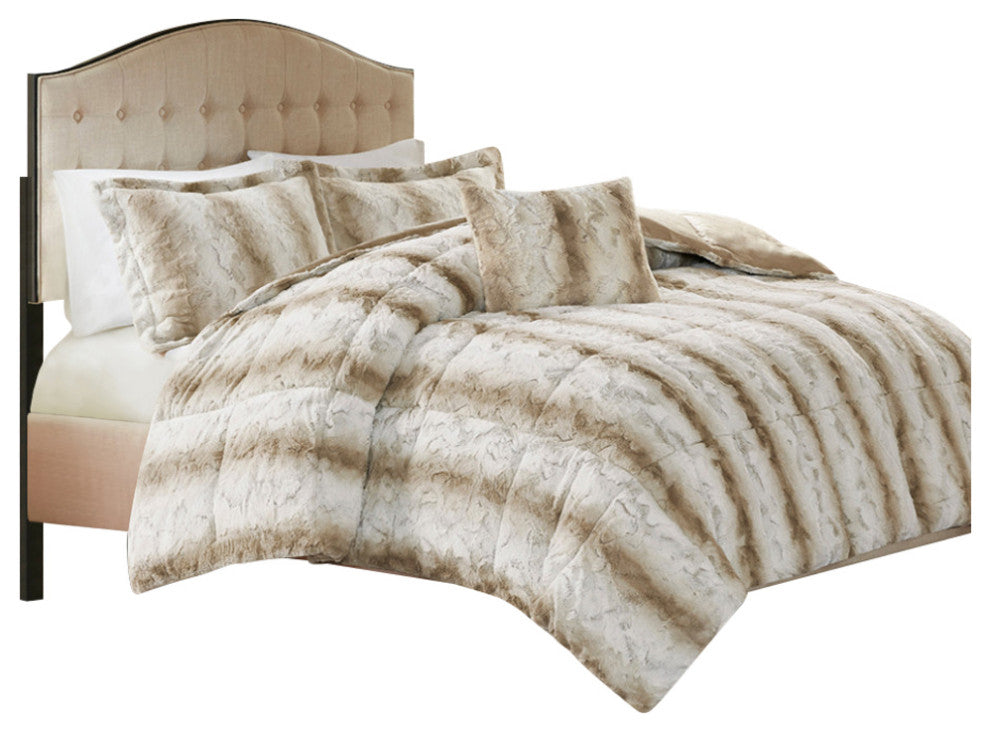 Madison Park Zuri Long Faux Fur 4-Piece Comforter Set, Sand, King