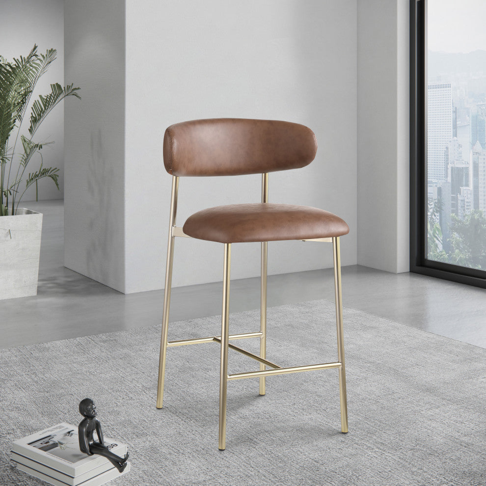 Lupita Upholstered Counter Stool, Brown, Vegan Leather, Brushed Gold, Set of 2