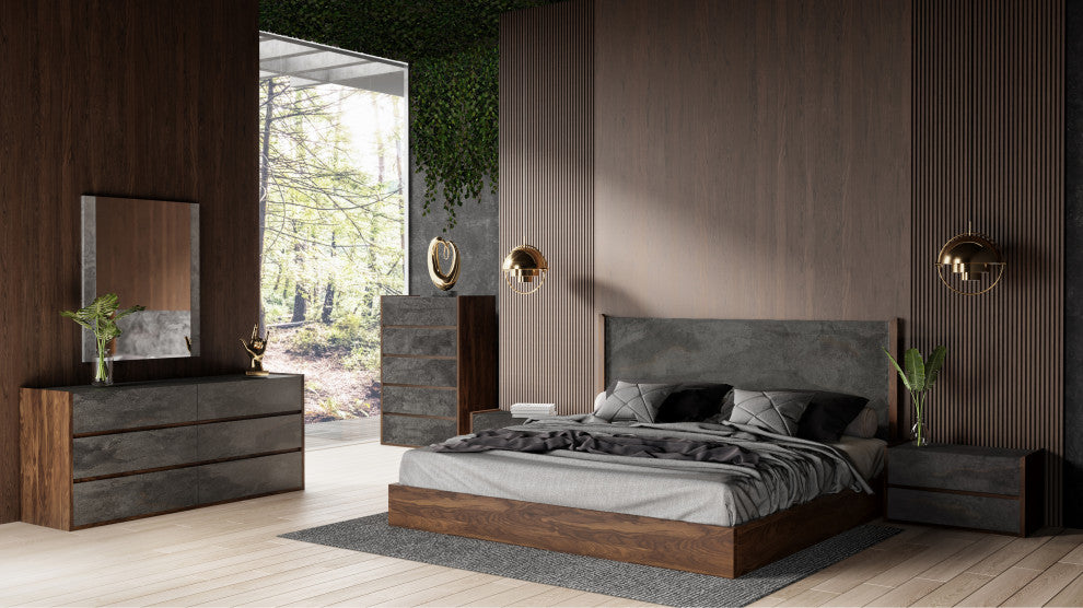 Nova Domus Rado Modern Walnut and Volcanic Slate Bed, Queen