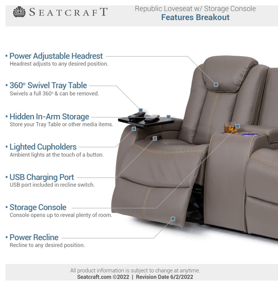 Seatcraft Republic Home Theater Seating, Light Gray, Sofa and Loveseat