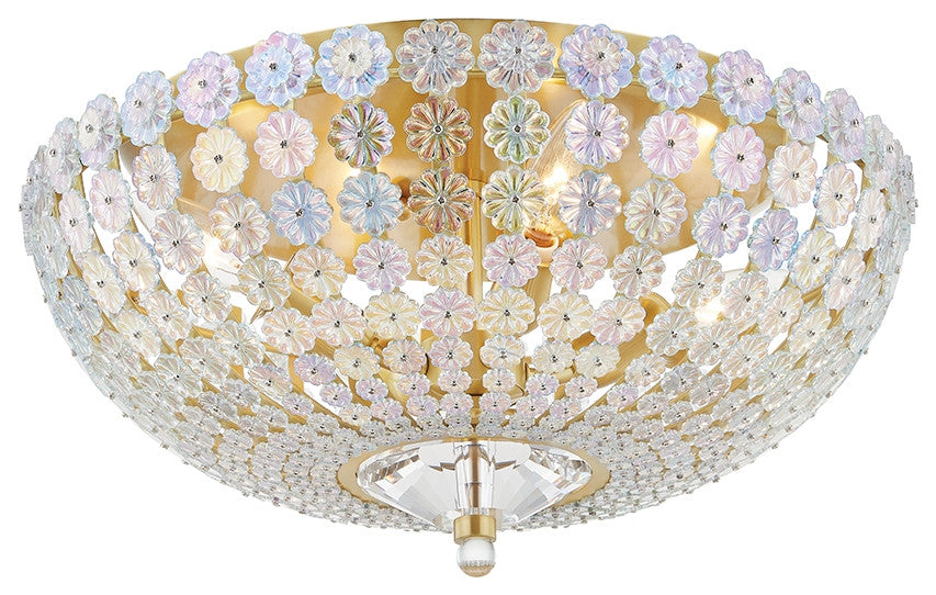 Floral Park 1 Light Flush Mount, Aged Brass, Iridescent Glass