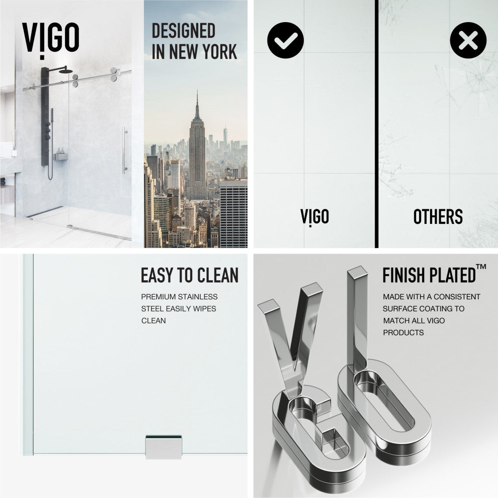 VIGO Elan 56" to 60" W x 74" H Frameless Sliding Shower Door, Chrome, Clear Glass
