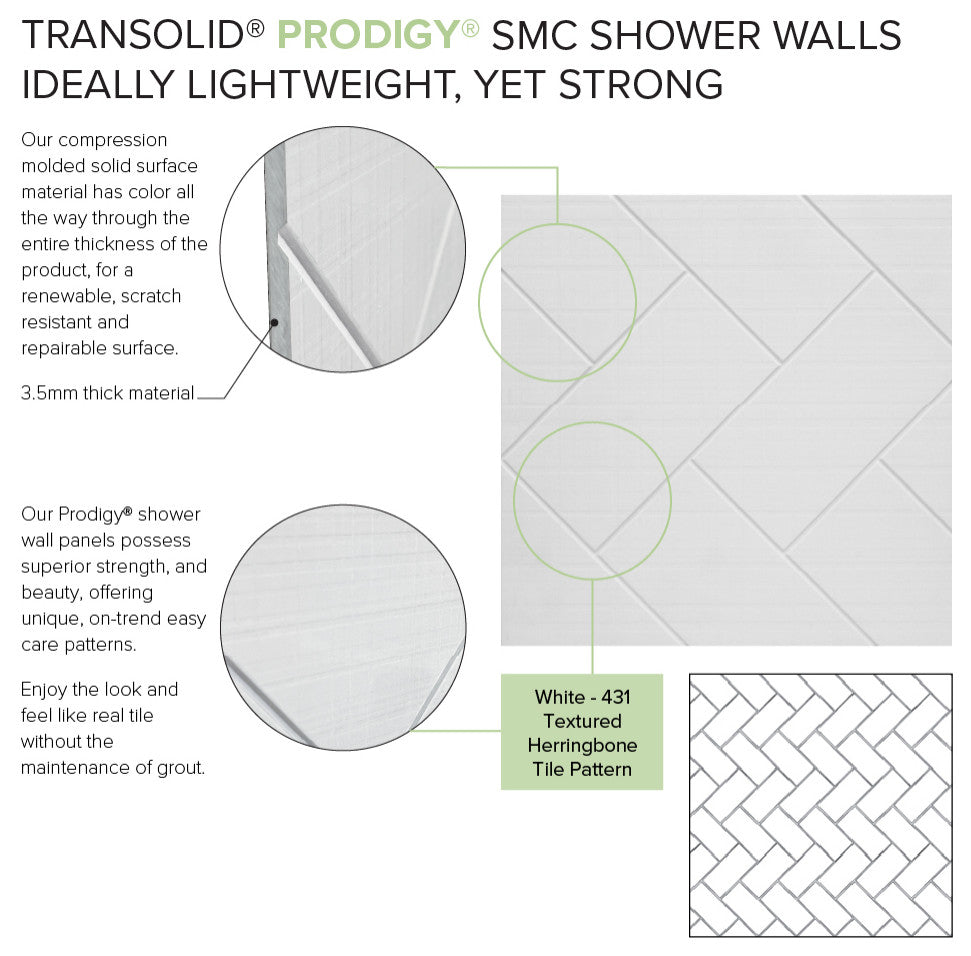 Transolid PWK603672-431 Prodigy 60"x36"x72" Shower Wall Kit, White Herringbone