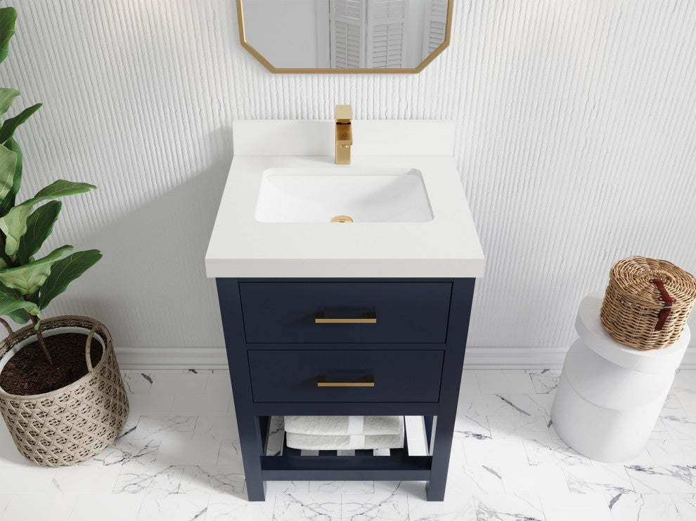 Parker 24" Single Sink Bath Vanity, Navy Blue 2" White Quartz