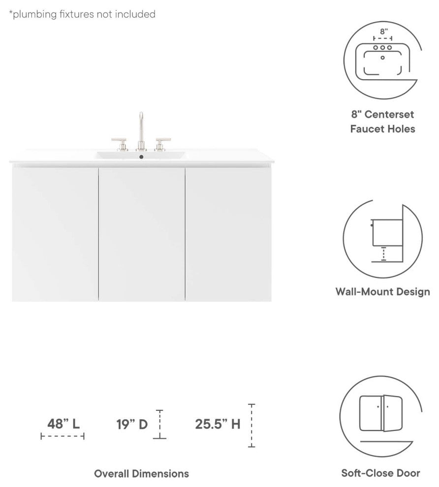 Bryn 48" Wall-Mount Bathroom Vanity, White White