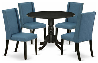 5Pc Kitchen Set, Pedestal Table, 4 Chairs, Mineral Blue Chairs Seat, Black