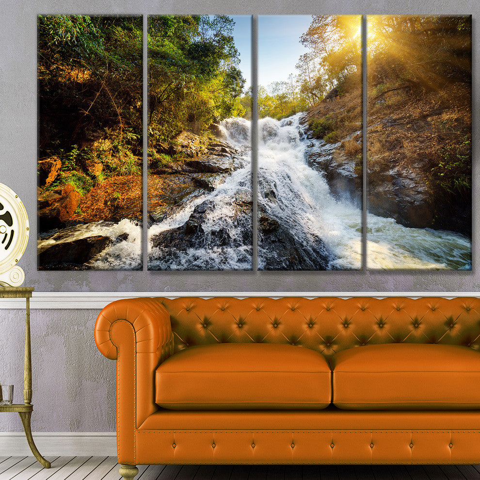 Waterfall through the Forest, Landscape Canvas Art Print, 48"x28", 4 Panels