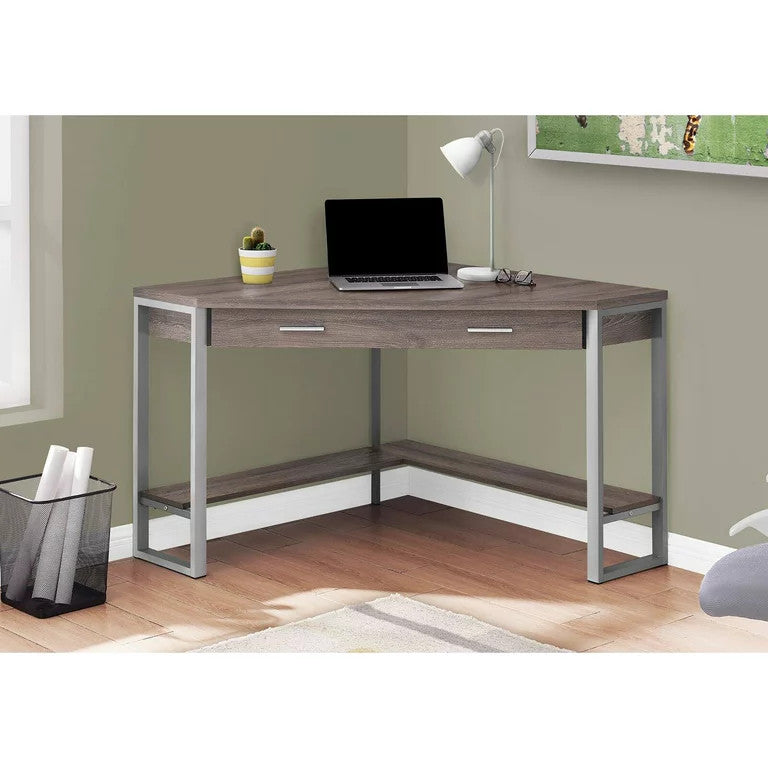 Contemporary Corner Desk, Large Drawer & Lower Open Shelf, Dark Taupe/Silver
