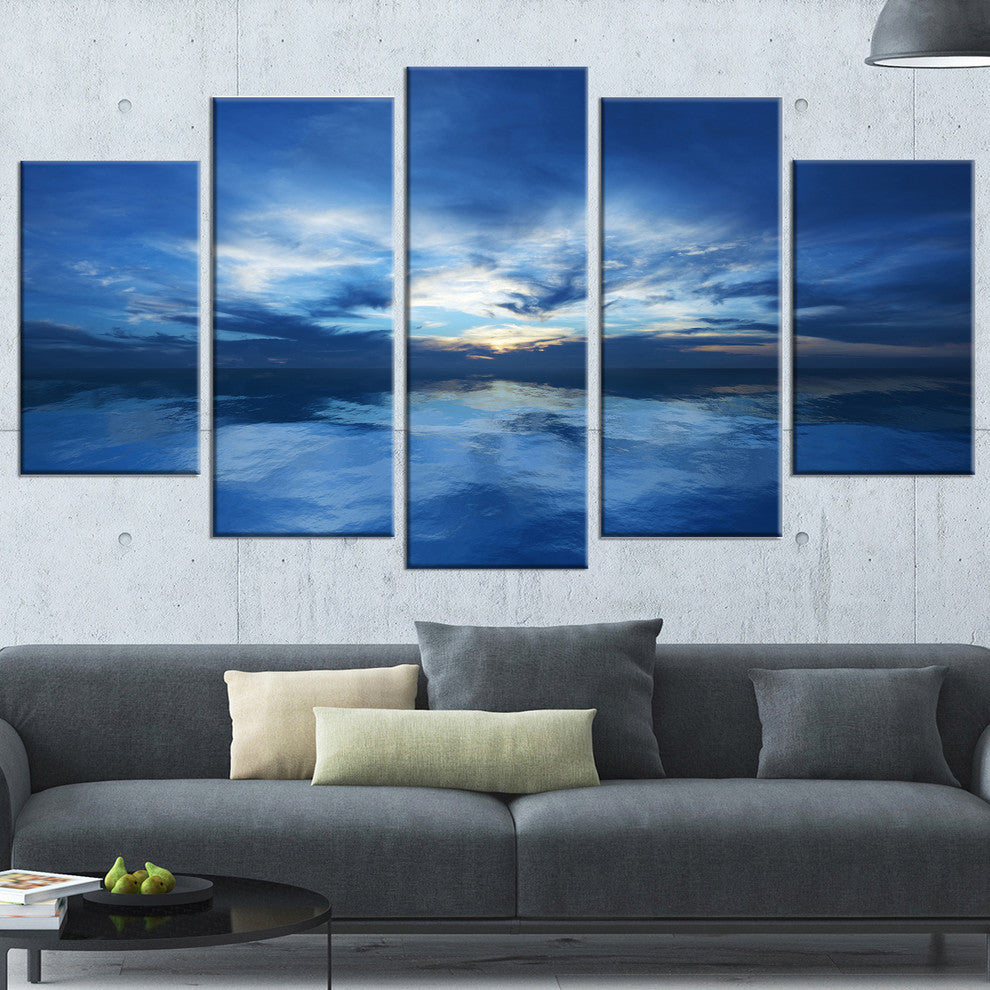 "Blue Waters And Blue Sky Sunset" Modern Seascape Wall Art, 5 Panels, 60"x32"