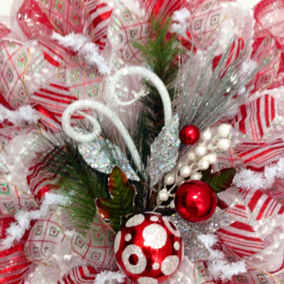 Red, Silver, White Raz Ornament Spray Holiday Handmade Deco Mesh Wreath
