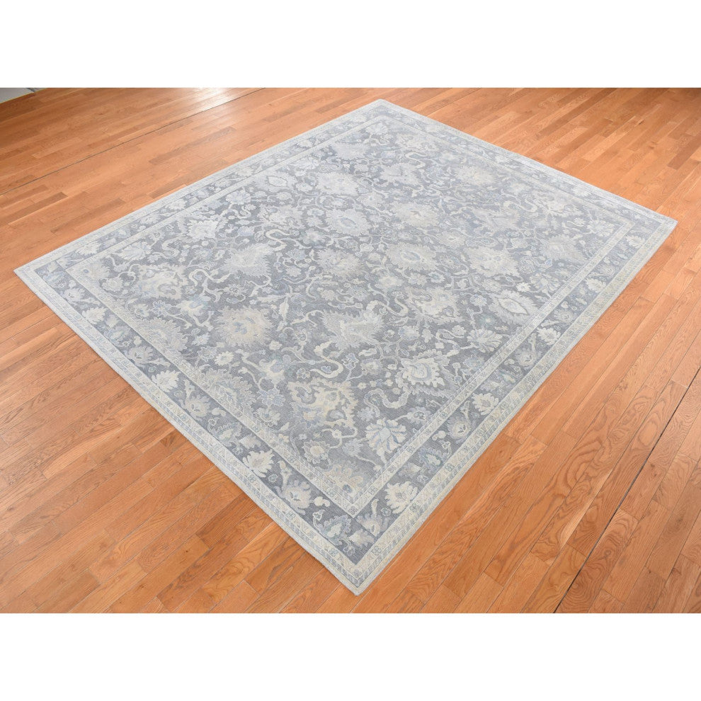 Battleship Gray Hand Knotted Oushak Influence Pure Silk With Wool Rug 8'1"x10'