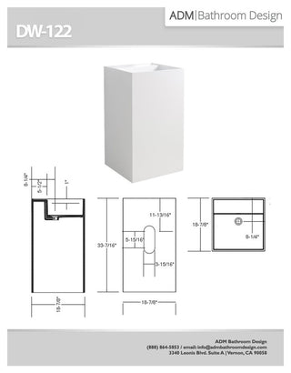 ADM Cubed Freestanding Pedestal Sink, White, 19", Glossy White