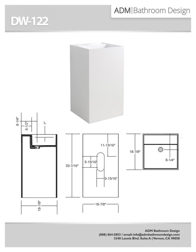 ADM Cubed Freestanding Pedestal Sink, White, 19", Glossy White