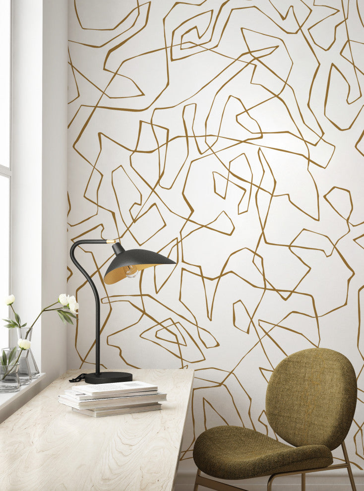 Entangled Lines Abstract Vinyl Peel and Stick Mural, Gold, 24"x96", Single
