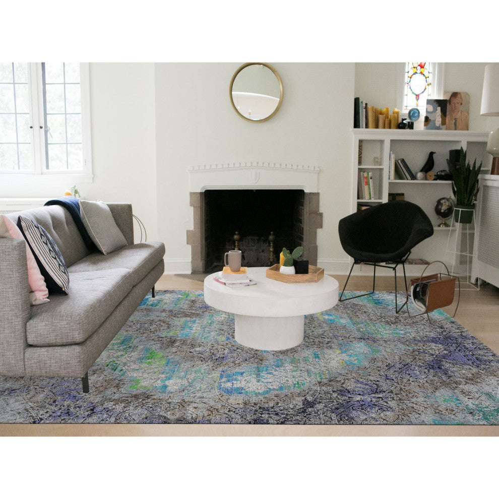 Battleship Gray Diminishing Coins Silk With Wool Hand Knotted Rug 8'9"x11'10"
