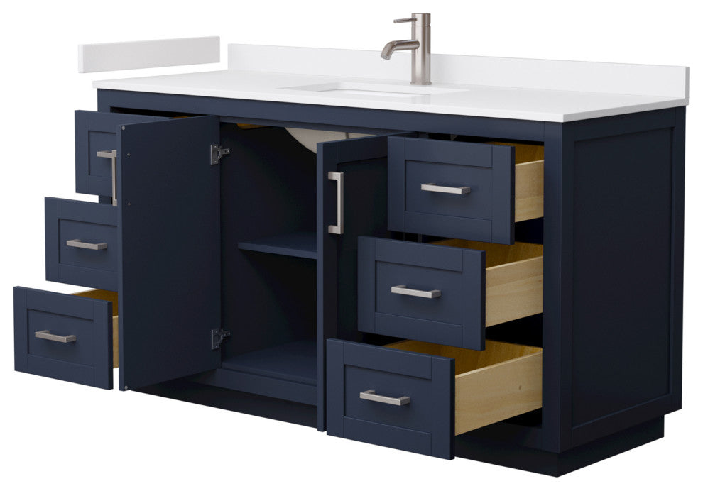 60" Single Vanity Dark Blue, White Cult. Marble Countertop, Sink, Nickel Trim