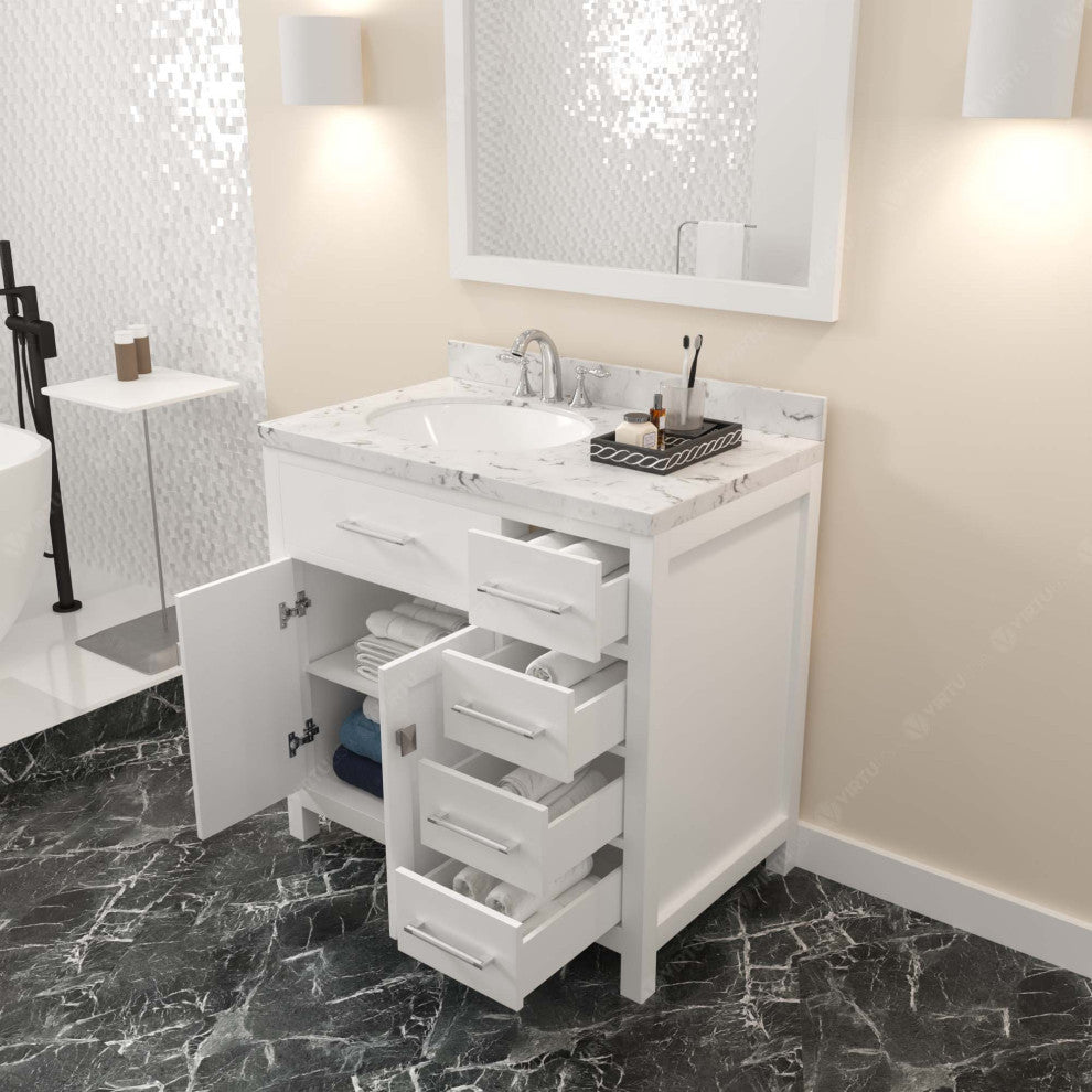 Caroline Parkway 36" Bath Vanity, White With Marble Quartz Top