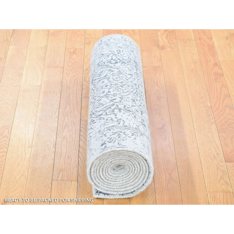 Light Gray Transitional Jacquard Loomed Wool and Silk Runner Rug, 2'5"x12'0"